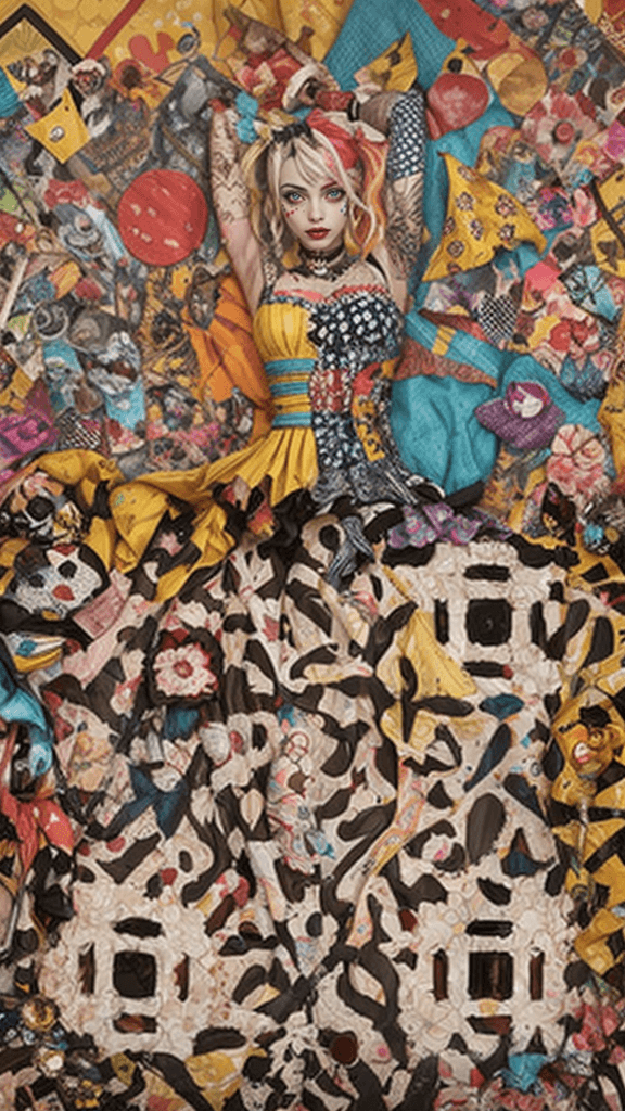 A mixed media collage featuring Harley Quinn figure with expressive eyes, adorned in vibrant patterns and symbols that evoke emotion. , focus on face, isolated background, color splashes, scribbles, pen strokes, collage style, mixed media collage, scrapbook aesthetic, yellow-orange black purple 