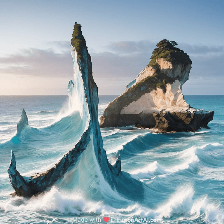 A stunning rock formation emerging from the sea, shaped like a mythical figure standing against the waves. The ocean's blue hues contrast beautifully with the rugged, weathered stones. The waves gently crash against the shore, creating a serene yet powerful scene."