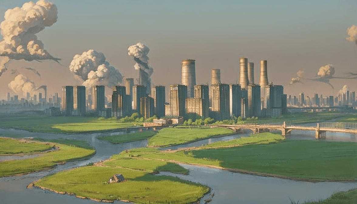 battersea and chernobyl in the style of studio ghibli, beautiful landscape, intense lighting, 8k, trending on artstation