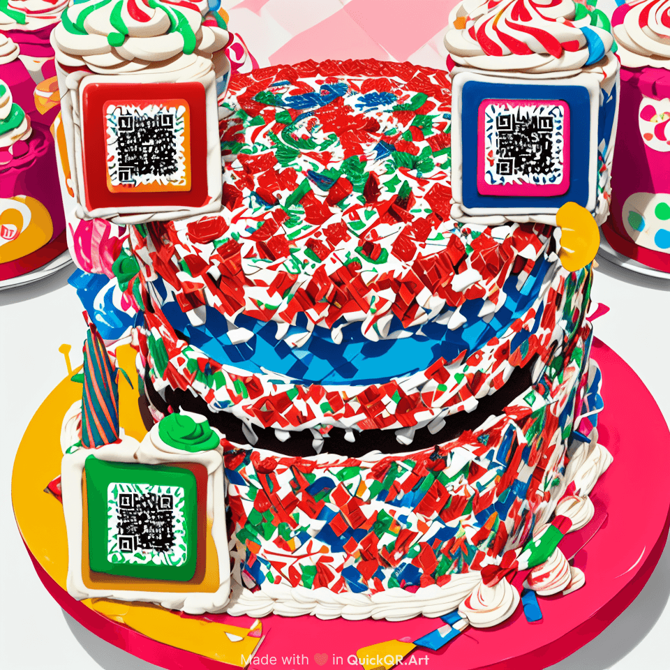 "Create a QR code in the shape of a cake, with vibrant colors and festive design elements. The QR code should still be scannable while incorporating cake-related features like frosting, candles, and layers. Keep the QR code functional but artistic, with a fun, celebratory vibe."