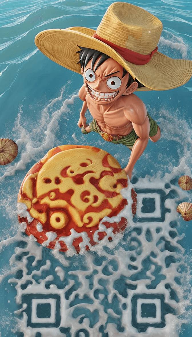 Flat illustration, 3d, close up, Monkey D. Luffy, one piece anime, action packed, in a strawhat, sea stormy foamy waves, a rock near, sea shells and weeds, quartz sand, masterpiece fhd,8k