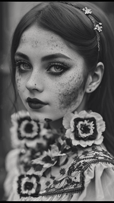 Black and White Portrait of a Young gothic lolita, grimdark style, Woman, grimdark style, Close-up, Pale Skins, heavy makeup, Depth of Fields, Bokeh, Analog Style, A photo by W. Eugene Smith, (B&W, Monochrome), Photorealistic, Hyper-realistic, Hyper-detailed, film noir, detailed skin, pores, matte skin, soft lighting, subsurface scattering, realistic, heavy shadow, masterpiece, best quality, 8k, golden ratio, Intricate, film photography, full sharp, soft focus, fhd, 8k --pos bottom