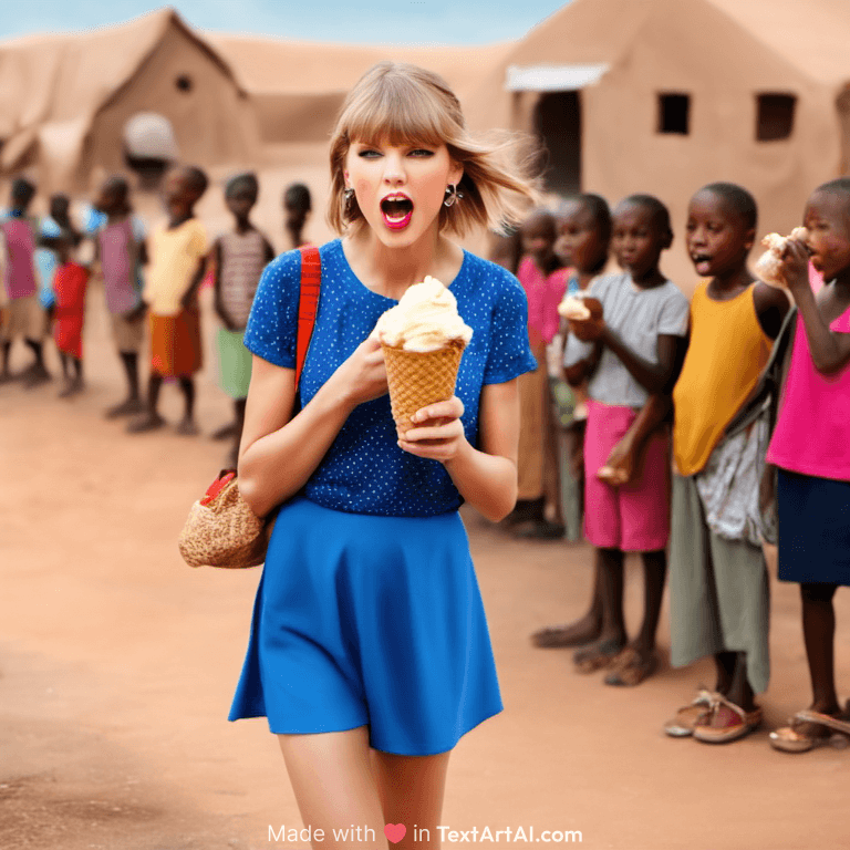 taylor swift eating ice cream in front of african starving children who are crying and begging for ice cream, realistic looking

