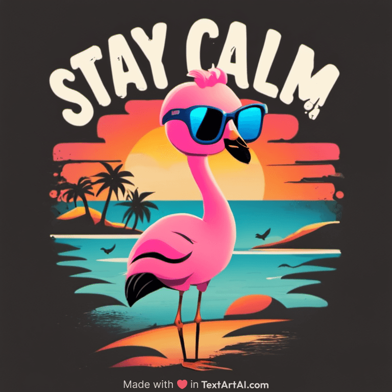 Vector t-shirt design Vintage retro sunset distressed black style design, a cute baby flamingo wearing sunglasses, with text “STAY CALM”, typography, graffiti, 3d render, 4k, steampunk