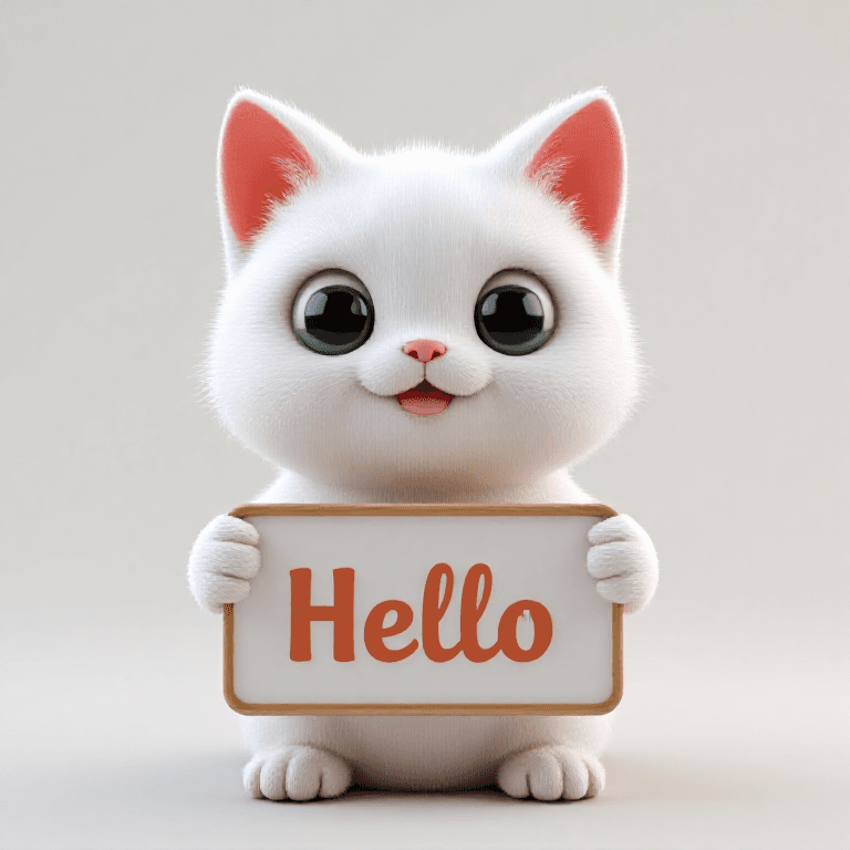 REALISTIC cute white cat, emoji style, various emotions, HOLDING A SIGN WITH THE WORD "Hello", photo, product, 3d render, cinematic