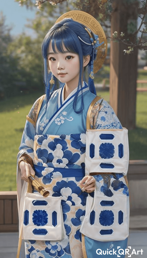 Blue and white porcelain Hanfu, blue Hanfu, cute little girl (Asian face) with a golden retriever, calligraphy, brush, Chinese traditional elements, super details, best quality, masterpiece, complex details, Song dynasty painting style