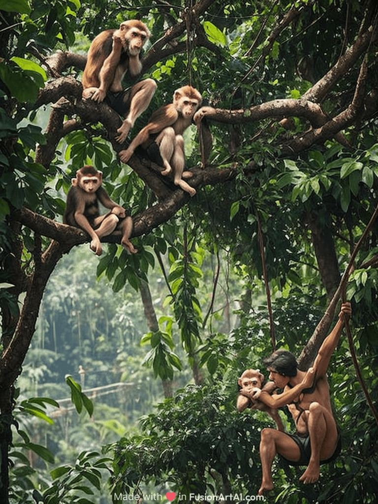 three monkeys sitting on a tree branch in the jungle, monkeys, apes hanging from vines, monkey limbs, monkey, adult pair of twins, two male, 🦑 design, proud looking, afternoon hangout, colombian jungle, by Dietmar Damerau, looking this way, stunning sight, by Tom Wänerstrand, 1080p
