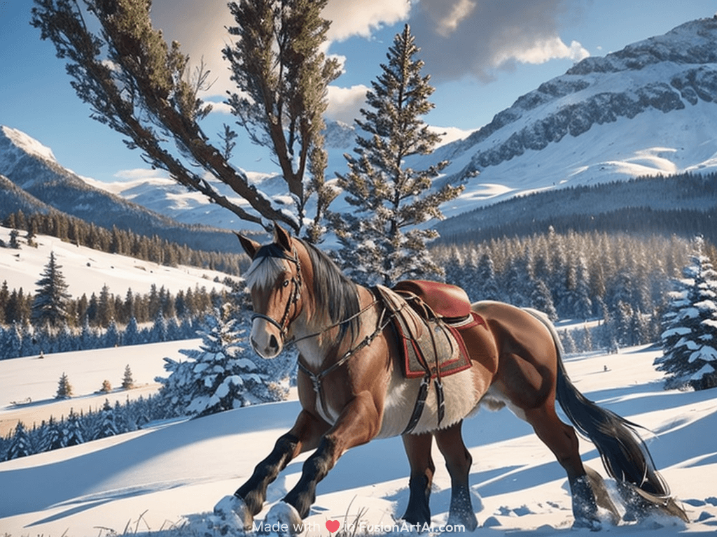 beautiful shire horse in field, close up shot, Christmas vibes, beautiful snowy scene background, with large pine trees and mountains, professional shot, hd, unreal engine 5
