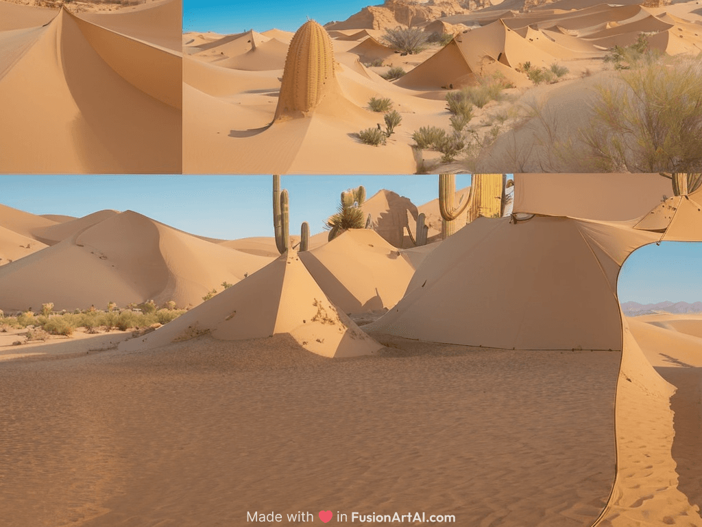 Beautiful and immersive desert landscape, rolling sand dunes, golden sands, shimmering heat waves, scattered cacti and dry brush, nomadic tents and camels, award-winning digital art on Pixiv, trending on ArtStation, highly detailed, hyperrealistic, Unreal Engine 5, in the style of Lawrence of Arabia