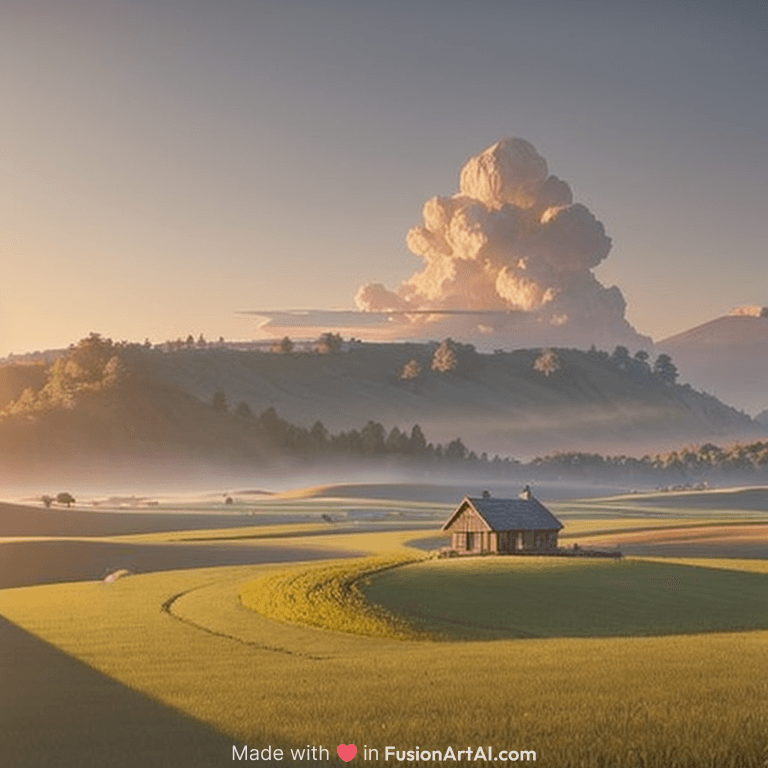 a serene landscape with a singular building at sunrise, pixar style, octane render, unreal engine 5, path traced, highly detailed, high quality, 8 k, cartoon, high coherence, breathtaking landscape, soft lighting, godrays, complementary colors, natural lighting, trending on deviantart, concept art