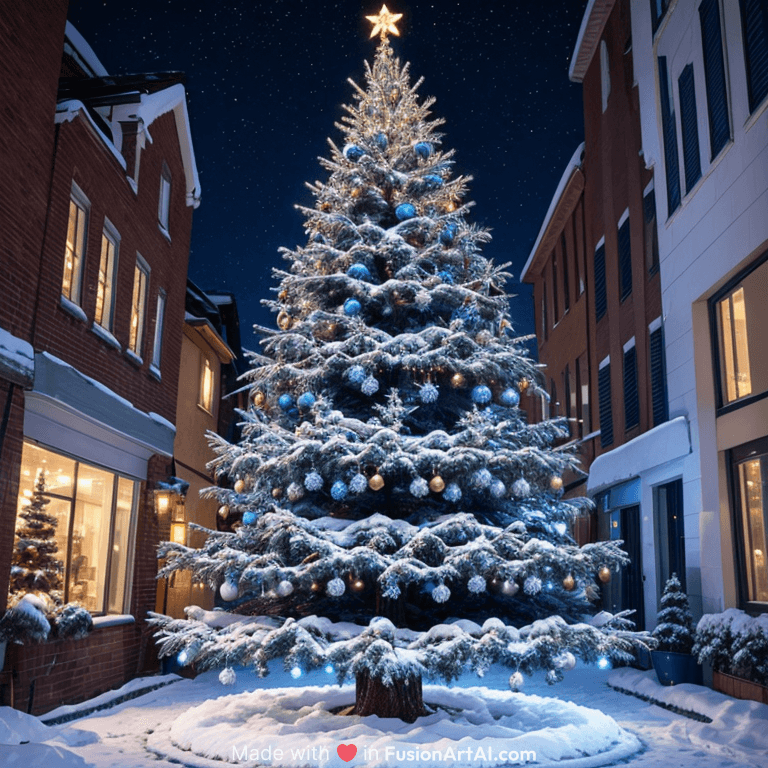 one large beautiful Christmas tree with blue and silver decorations highly detailed sharp focus bright in town snowy night