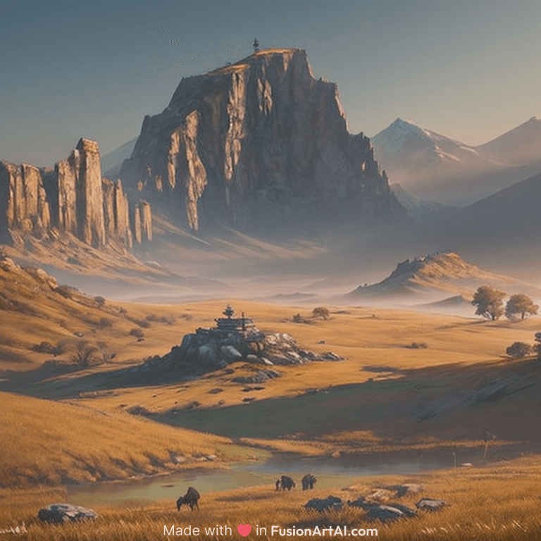 digital painting concept art of a landscape with a huge skeleton in it, highly detailed, in the style of sekiro, landscape painting, volumetric lighting, Matte painting, trending on artstation, day time, godrays