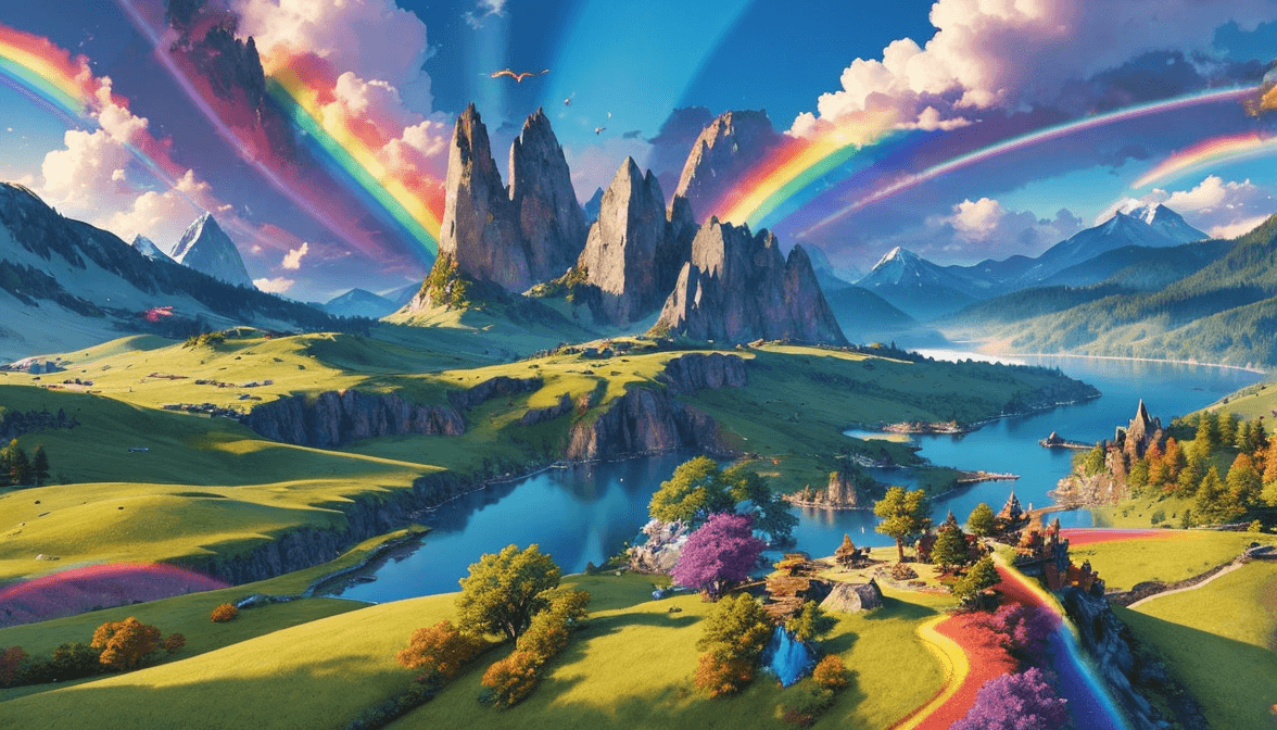 epic dragon fantasy battle, princess, sunshine bright, rainbow, mountains, panoramic scene, amazing art, --ar 16:11