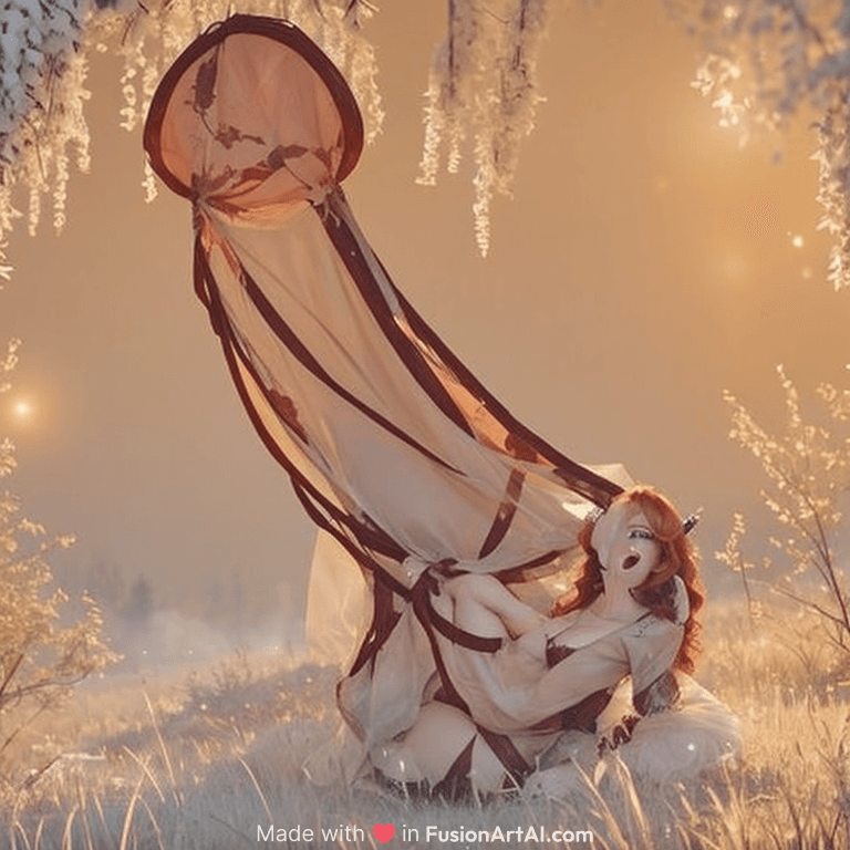 Redhead, big tits, forest, magic, landscape
