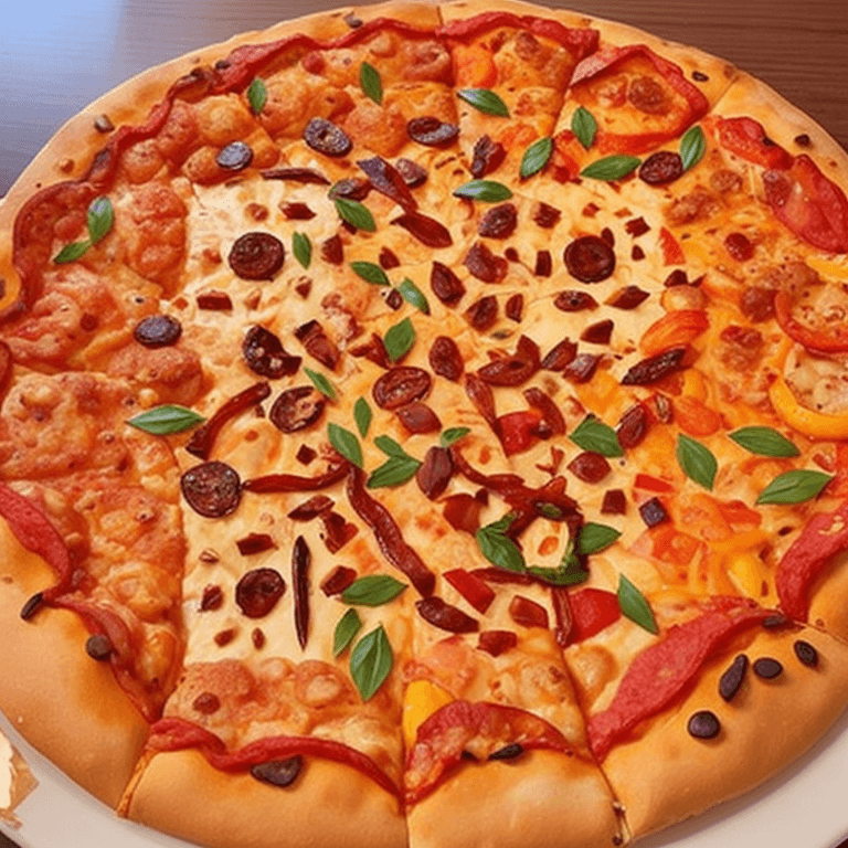 best quality, A full rounded pizza with full of toppings, sauce, capsicum, red chilies,toppings, masala's   --