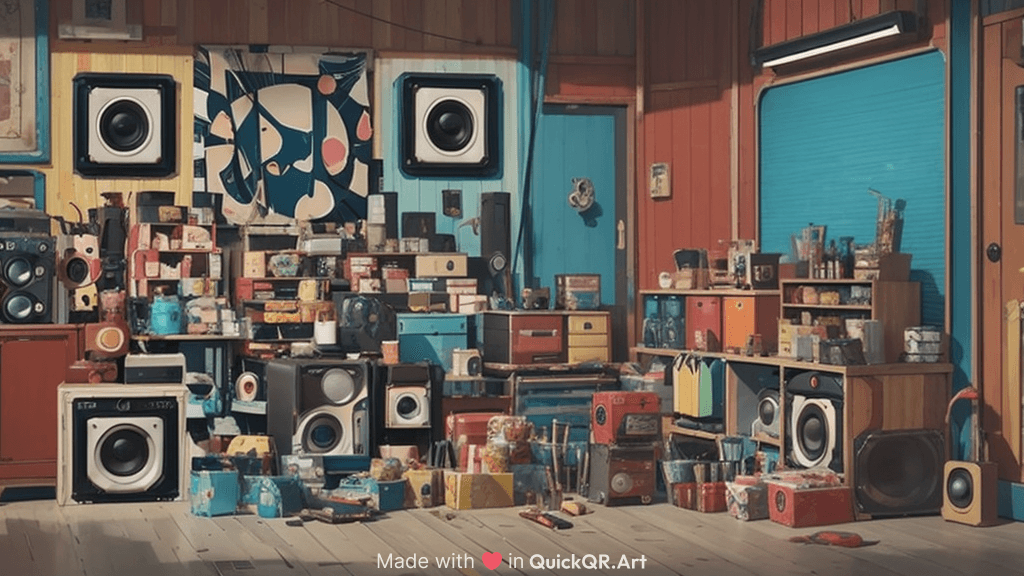  Design colorful sound system, speaker, Nice palette, high quality, sharp. Cinematic filmograph of the interior of a Studio Ghibli animated film, directed by David Fincher. 8k, sharp high quality classic Americana art,unc