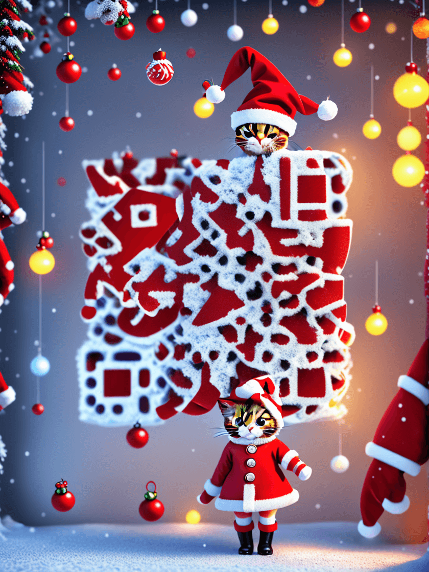 4d photographic image of two full body images of super cute little chibi cat wearing red santa hats, realistic, buzzing around a snowy-covered christmas tree with presents underneath, vivid colors octane render trending on artstation, artistic photography, photorealistic concept art, soft natural volumetric cinematic perfect light, uhd.