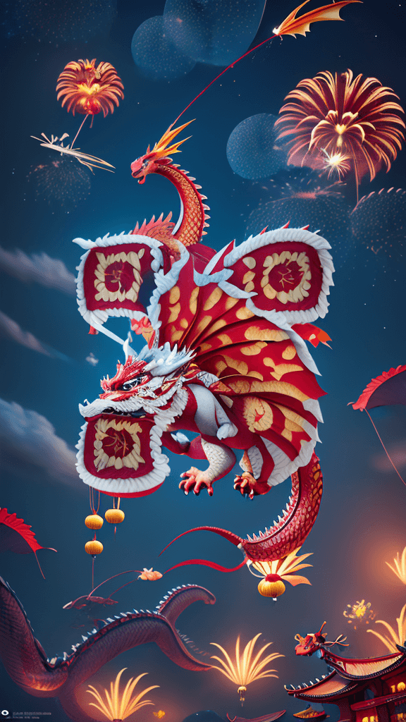 a flying dragon lunar new year with fireworks