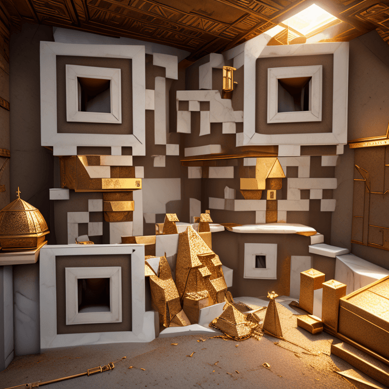 Post apocalyptic underground fortified bunker pyramid theme shaped luxurius bedroom. Theme colours, rosegold, brass gold, cream, white marble .