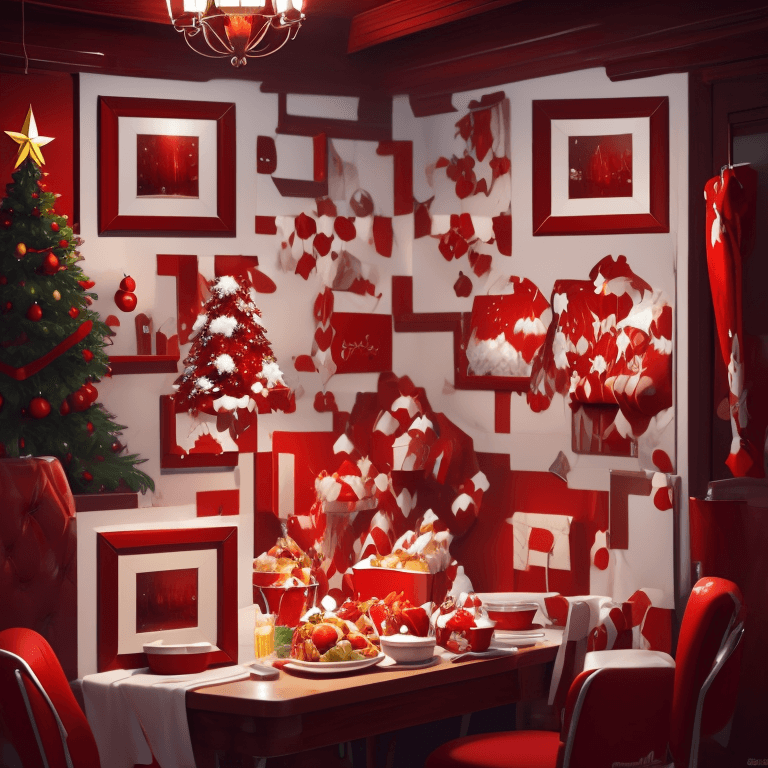 red gift package christmas diner, wide angle, super highly detailed, professional digital painting, artstation, concept art, smooth, sharp focus, no blur, no dof, extreme illustration, unreal engine 5, photorealism, hd quality