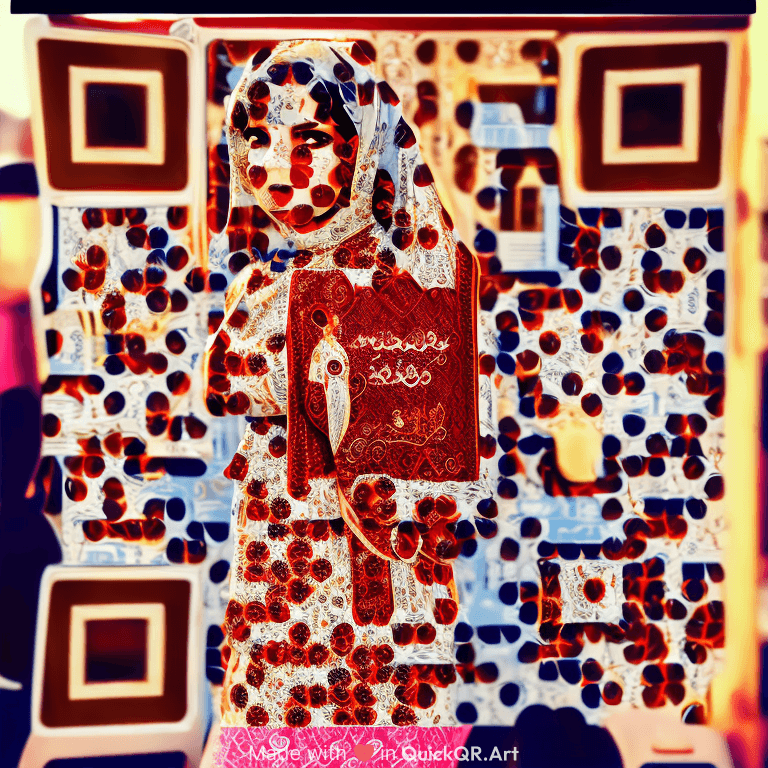 Create this qr code with a design that uses a well-dressed girl in an Iranian dress that has a nice style and a girly theme.