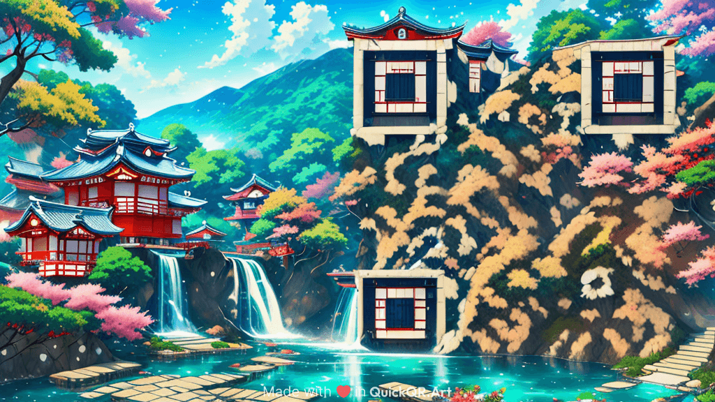 japanese wilderness and and water fall in the centre, and house at the side anime