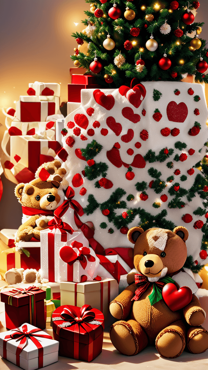 christmas tree with gifts, roses, teddy bear, hearts, romantic