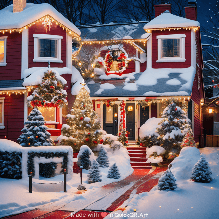 two-story house with freshly fallen snow on the ground and on the roof, white and red Christmas lights hung on the roof line and a wreath hanging on a red front door. The windows on the house will have black painted wood shutters hanging on either side of each of the windows. the walkway leading from the driveway to the front door does not have snow on it and in the front yard is a Christmas tree with snow and white Christmas lights on it