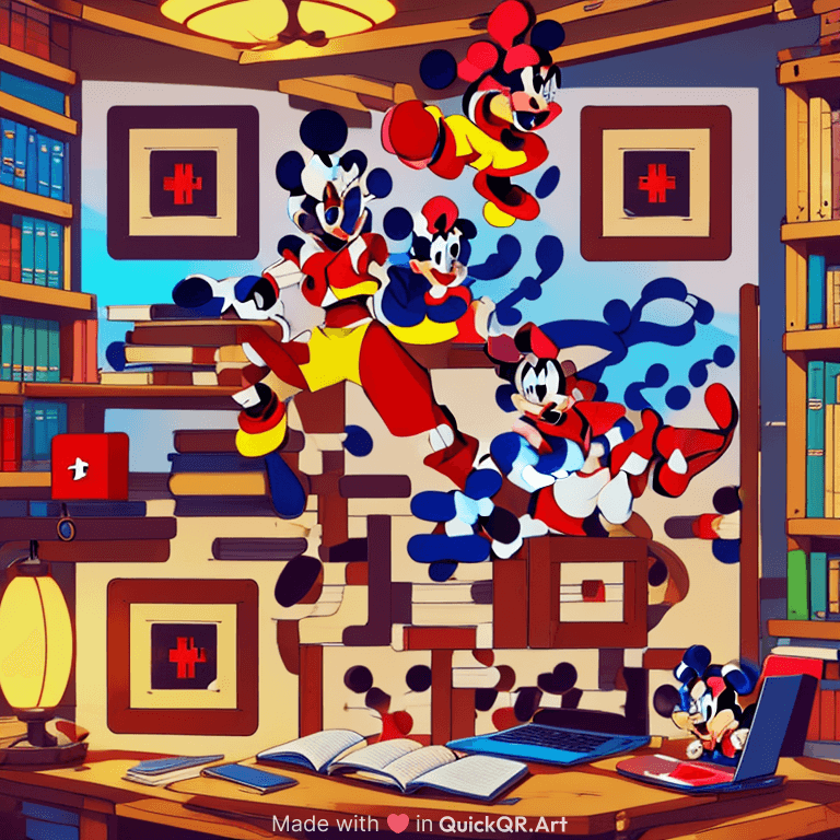 Mickey Mouse nurse using a laptop and study books in a library
