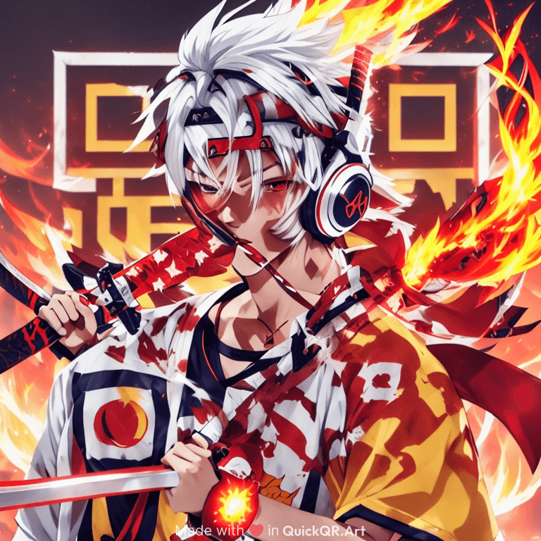 PROMPT :- anime logo, 16 year old male, white hair wearing headphones, holding a katana with a red aura effect, wearing a yellow esports shirt, on the shirt there is the word “mahi” with flames burning,

