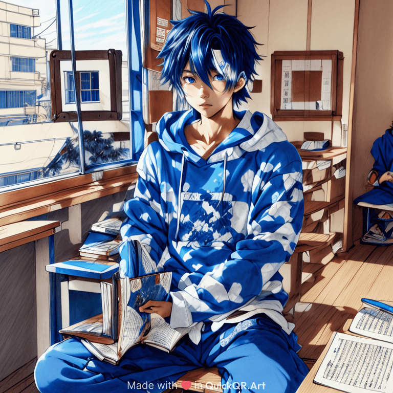 detailed drawing, japanese manga, young teenage boy, 15 years old, with messy hair and blue eyes. He's wearing blue sweatpants and a white t-shirt with a blue hoodie over it. He's seated at the window, with his textbooks and notebooks spread on the desk. 