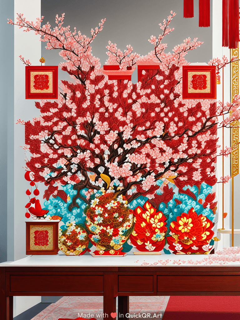 Merge the symbolism of Chinese New Year with the beauty of blossoming flowers, illustrating a scene of renewal and new beginnings with vibrant floral arrangements.