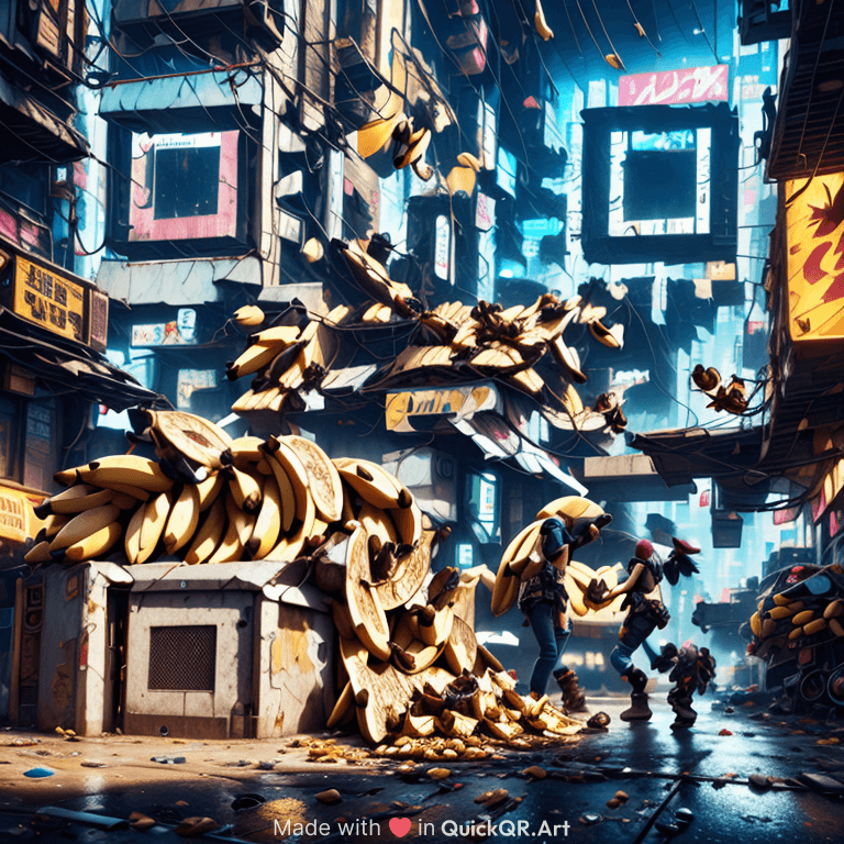 a pile of bananas fall from the sky onto a cyberpunk street scene, photorealistic, unreal engine 5, concept art, detailed, cinematographic, volumetric lighting, style of , environment