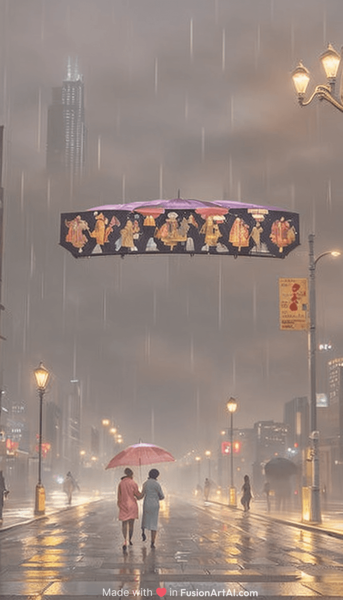 "An expansive urban scene featuring a skyline of skyscrapers bathed in the warm hues of street lighting. A gentle rain is falling, creating a shimmering effect on the wet pavement, and a few individuals are seen walking with umbrellas in the background."