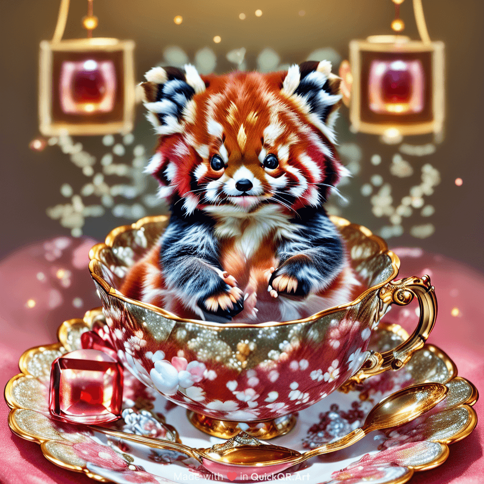 'A tiny, hyper-realistic baby red panda with oversized sparkling eyes, sitting in a soft teacup, fluffy fur, pastel aesthetic, cinematic lighting, extremely cute and high detail