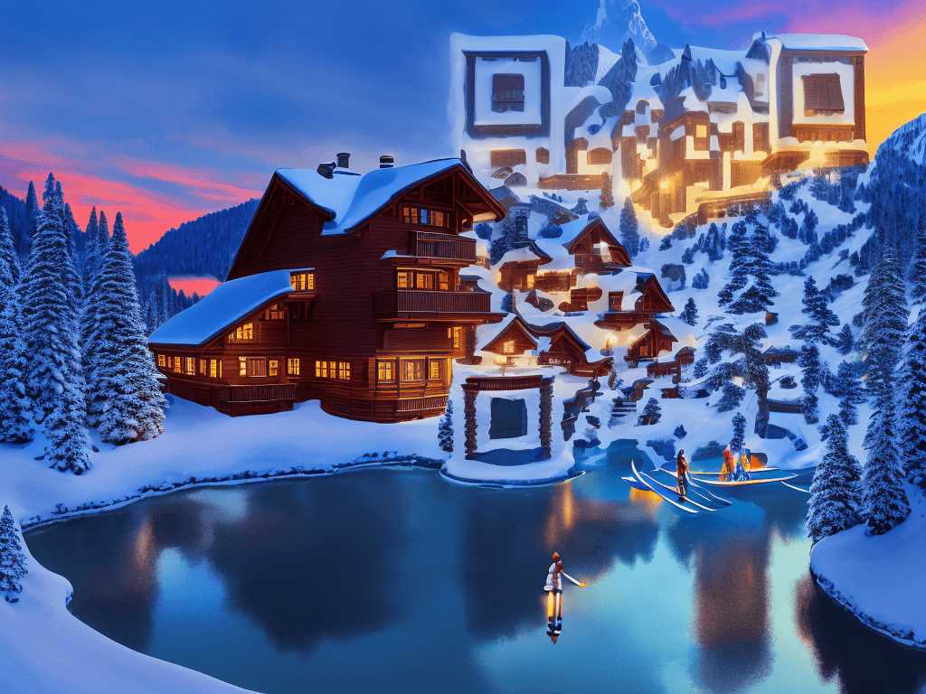 black and white, 1 extra large silhouette of a skier in the center, highlighting a single oversized vacation house in the foreground [in color] at the bottom on a pond with skaters, winter themed, use of skis and poles, New England type mountain range, realistic, ultra details, Intricate, 8k,