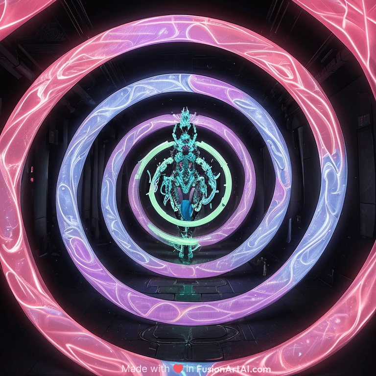 A surreal fusion of ancient mythology and futuristic cyberpunk — a glowing, armored goddess with mechanical wings stands in a neon-lit temple, surrounded by floating digital runes and ancient stone statues, soft fog rolling across the floor, hyper-detailed, cinematic lighting, vibrant colors, 4K resolution, artstation trending style