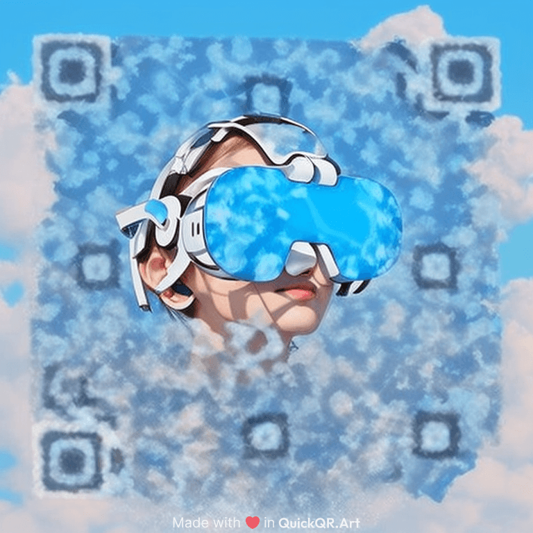 white VR headset at the center of a blue sky