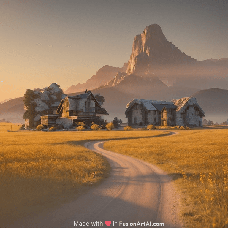a serene mountainous landscape with a singular building at sunrise, concept art, octane render, unreal engine 5, trending on DeviantArt, highly detailed, high quality, 4K, symmetrical, godrays, complementary colors, path traced, matte painting, breathtaking landscape, epic image, soft lighting