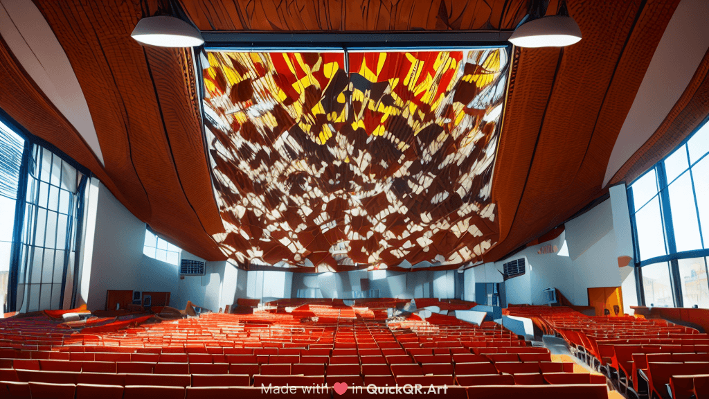 A giant lecture theatre, with a bright presentation screen at the top of the image, and many seats at the bottom.