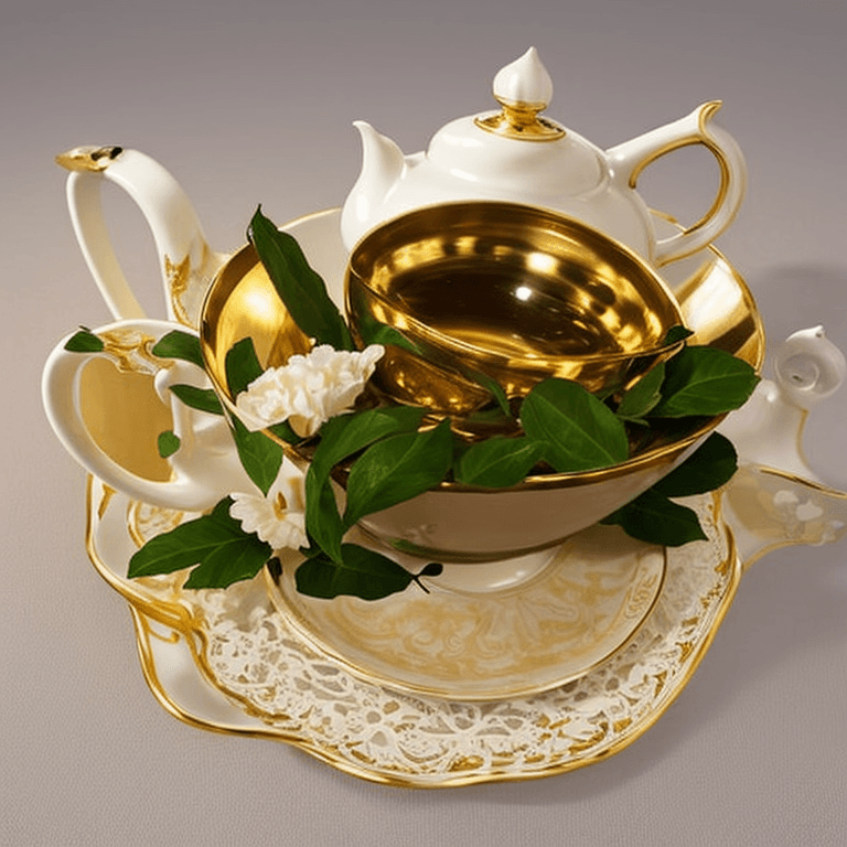 A white teapot pouring tea into a cup with a golden saucer.