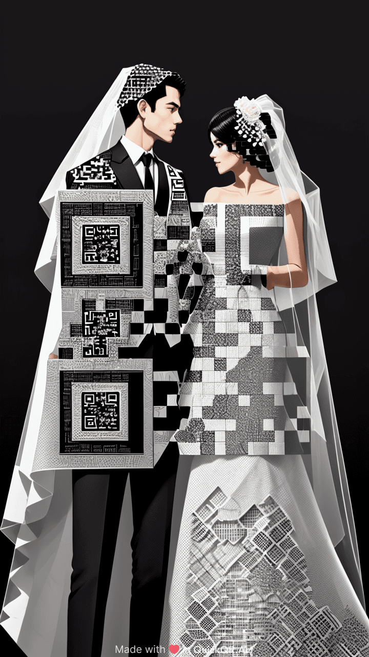 A modern artistic QR code where the QR pattern itself forms the image, 
wedding theme, 
a bride and groom silhouette standing together, 
their bodies and clothing subtly shaped from QR modules and blocks, black QR elements on a clean background, 
high contrast minimal detail no text no gradients