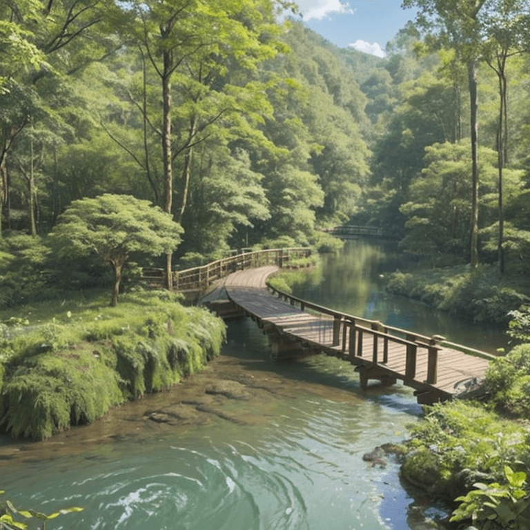 A winding river through a dense green forest with a wooden bridge crossing over it.



