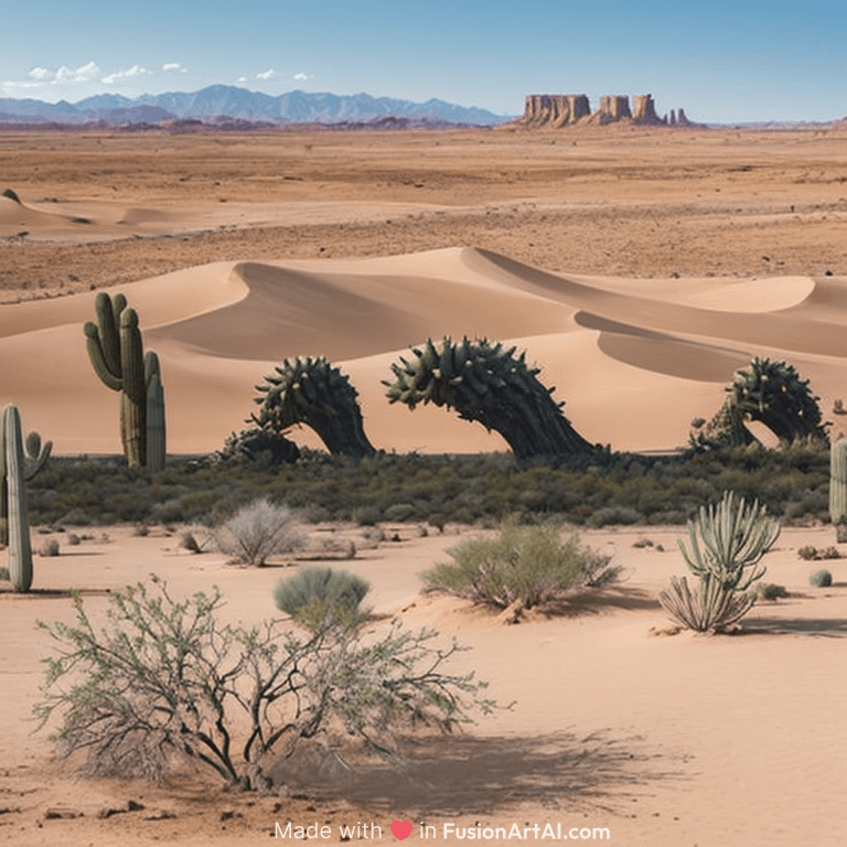 “A surreal desert landscape featuring several tall, weathered tree trunks shaped like distorted cactus forms. One trunk bends like a curved hook, another has multiple thick cylindrical branches resembling cactus arms, and another tree appears dry and twisted. The scene is set in an expansive sandy desert with distant mountains under a clear blue sky. Highly detailed, realistic textures, sharp shadows, natural lighting, ultra-realistic photography.”