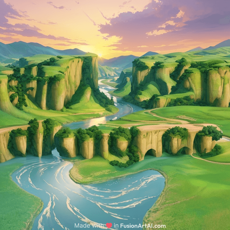 digital painting of a lush sinuous river valley by artgerm. river. sunset. chiho aoshima. digital render. detailed. beautiful landscape.