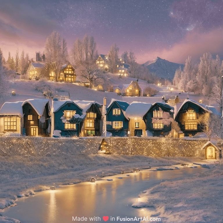 A quaint, modern village twinkling with fairy lights, bathed in the surreal colors of twilight, emphasized through long-exposure photography for a magical touch, in the style of photographer Kilian Schönberger.