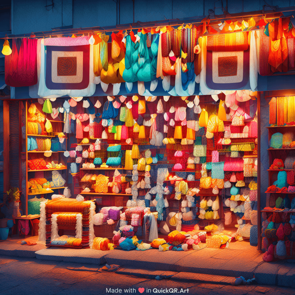 A realistic cloth shop colorful folded fabric rolls and textile patterns. Warm shop lighting, cotton and silk textures visible, bright Indian market vibe, neat layout, and high contrast for a clear, scannable design