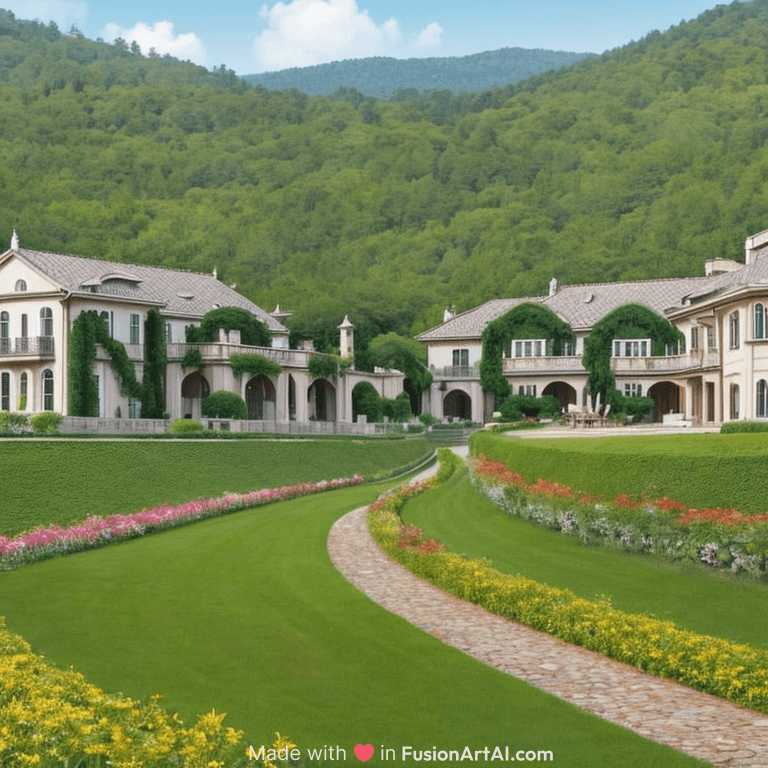 This image shows an elegant, luxurious estate nestled on a hillside, surrounded by dense green trees. The grand, white buildings with grey roofs are situated on the slope, giving the impression of a serene, upscale retreat. The manicured lawn at the bottom of the hill is perfectly green and well-maintained, further emphasizing the peacefulness and opulence of the scene. The abundance of greenery, coupled with the pristine architecture, creates a harmonious and tranquil atmosphere.